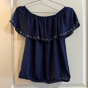 Michael Kors Navy Off-Shoulder Blouse with Gold Eyelet Trim